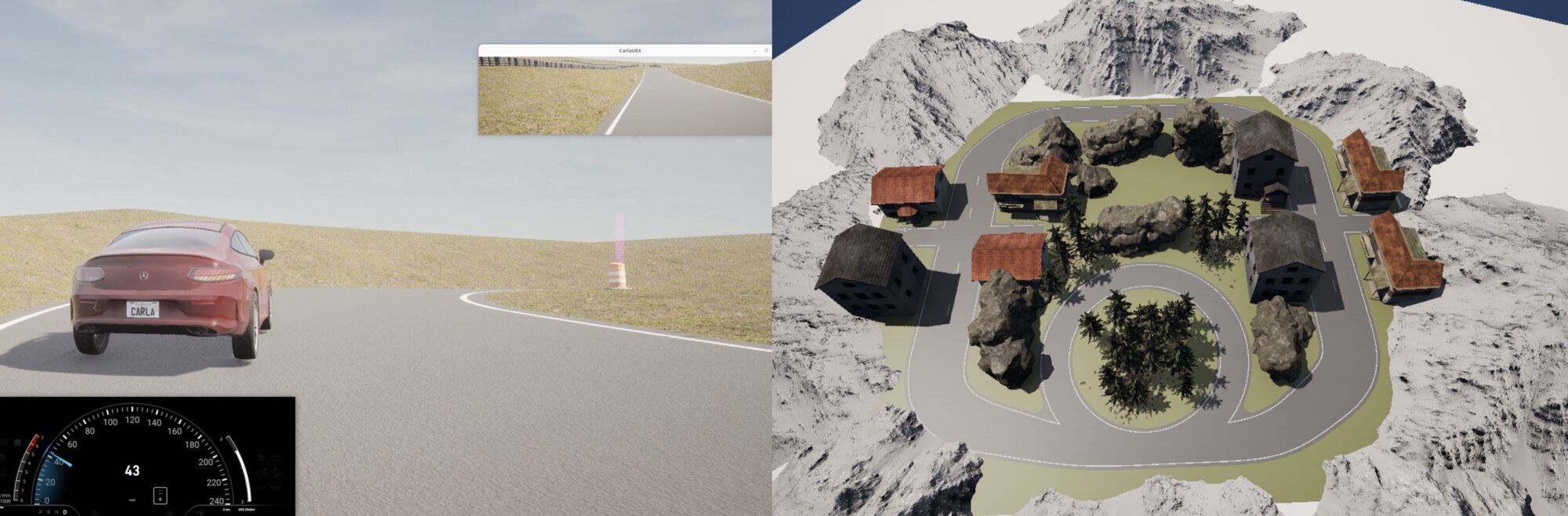 Left: CARLA racing scene at Thunderhill. Right: top-down view of the Unreal Engine town map